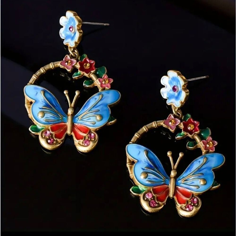 18K Gold Plated Bohemian Floral Butterfly Earrings